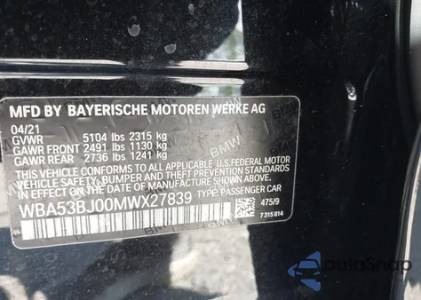 2021 BMW 540I из США, поврежденный, VIN WBA53BJ00MWX27839